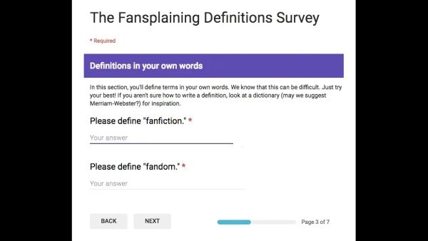 A screenshot from the Definitions Survey. 