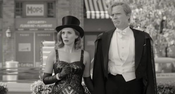  Wnada and Vision in black and white, dressed up for their magic act 