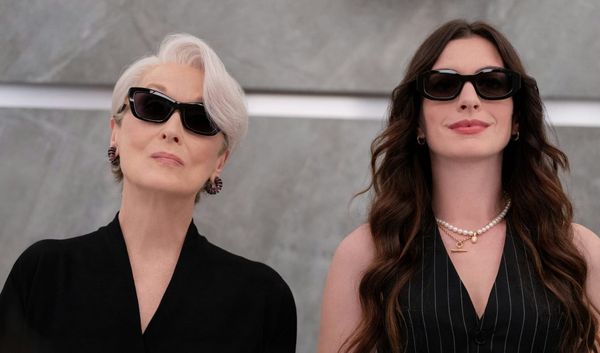 Promotional still from The Devil Wears Prada 2 featuring Meryl Streep and Anne Hathaway dressed in black and wearing sunglasses.