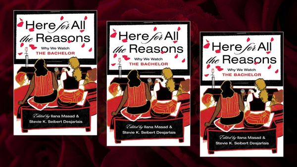 The cover of Here for All the Reasons displayed in triplicate against a rose background.