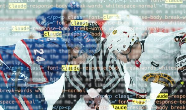 Image of Shane and Ilya facing off on the ice in Heated Rivalry, with Claude code responses overlaid on top