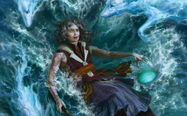 Image of Pasha the pirate captain, falling into a swirling sea.