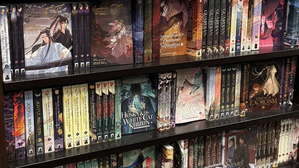 Several rows of bookshelves at a Barnes & Noble displaying colorful illustrated paperback volumes of danmei with men in flowing robes on their covers.