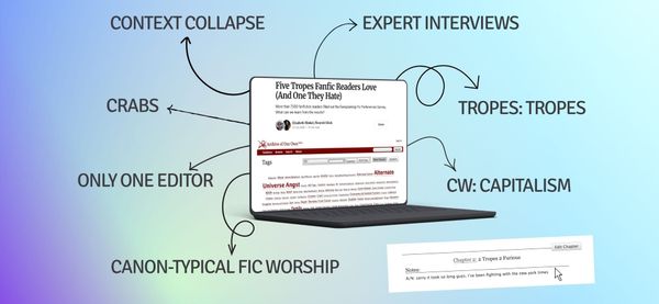 Parody image of a trope-marketing graphic featuring the original 2016 article on a laptop surrounded by "tropes" connected by curly arrows.