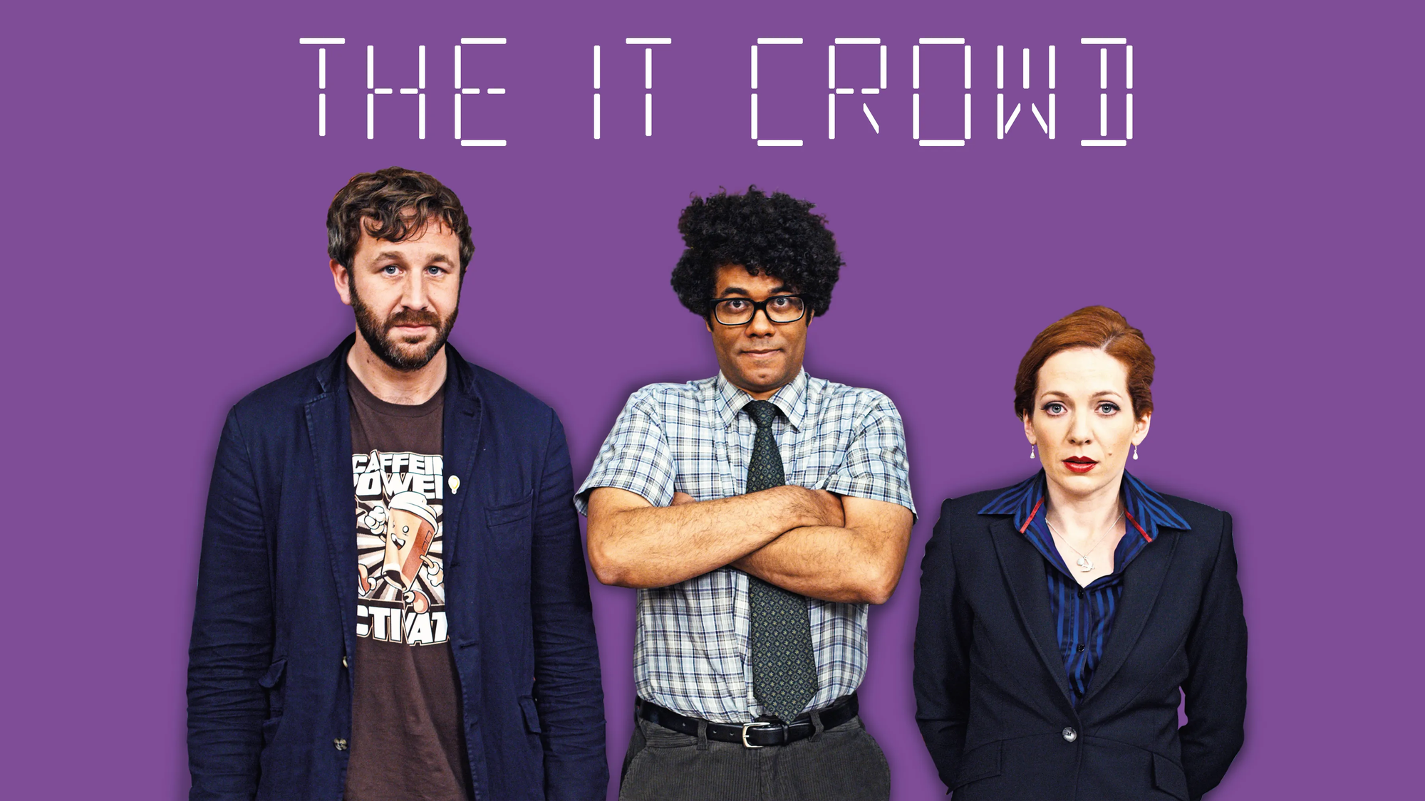 Three main characters of The IT crowd TV show line up in a row