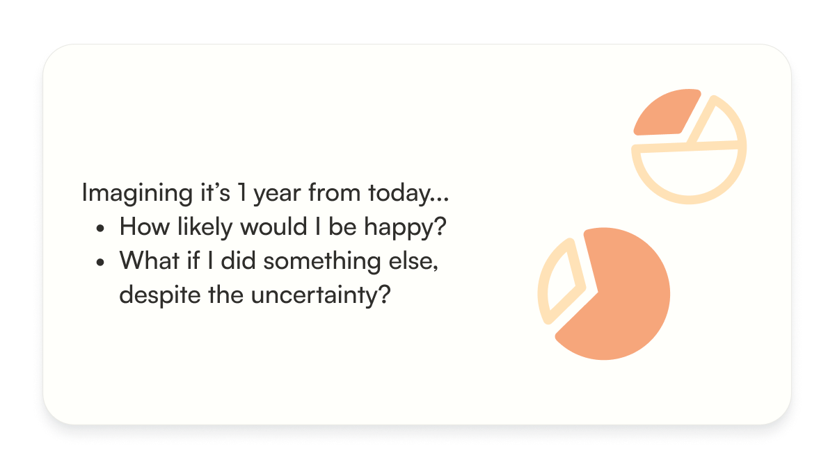 A prompt to ask ourselves: If it was 1 year from today, how likely would I be happy with this? How likely would I be happy with something else, despite the uncertainty?‌‌