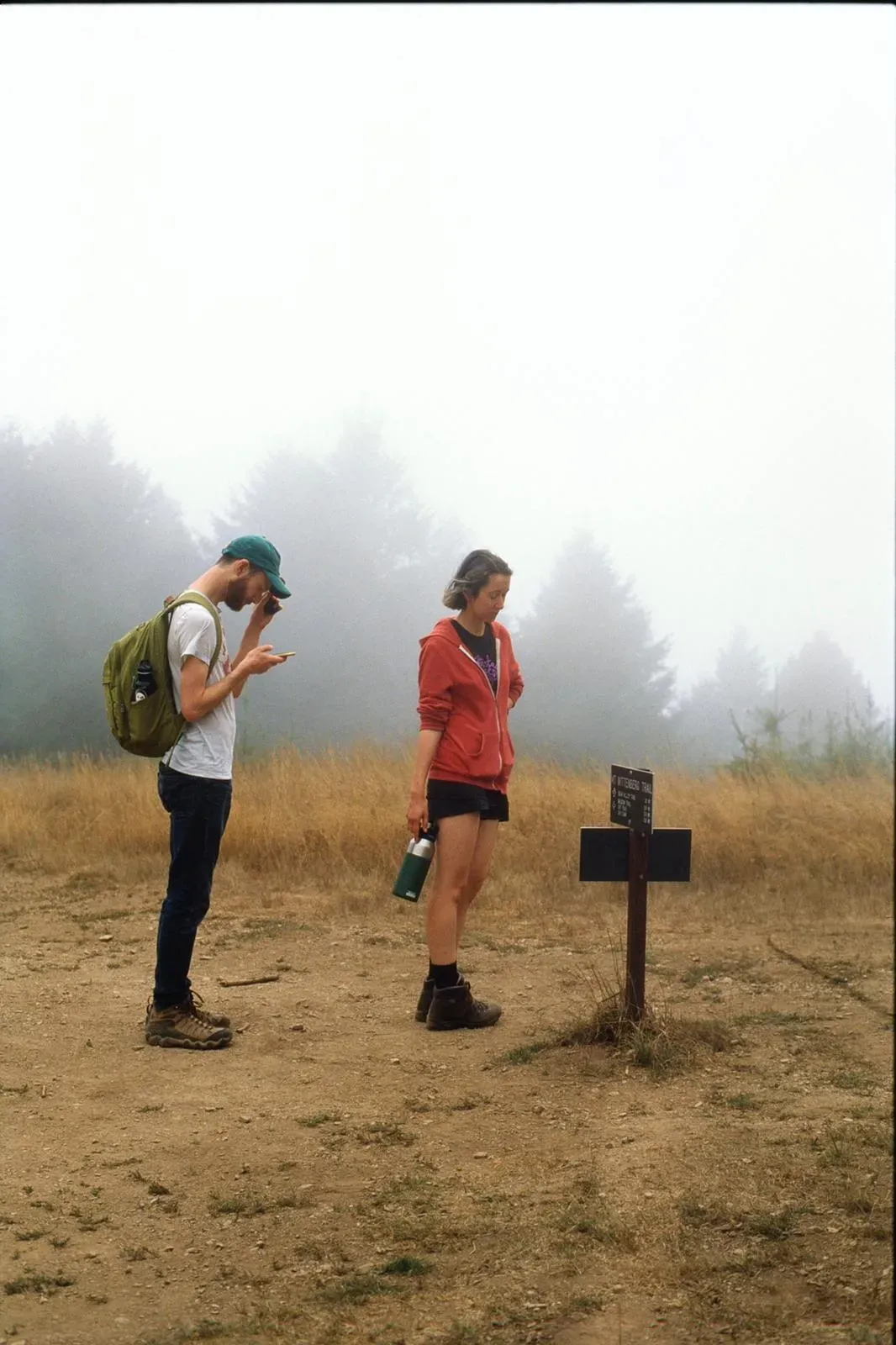 Two people standing in a meadow in the fog. One looks at a trail sign while the other looks their phone.