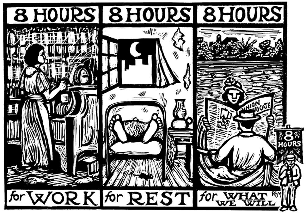 Black and white etching split into three panels. The first panel reads "8 hours for work" and depicts a woman standing at a loom. The middle panel reads "8 hours for rest" and depicts someone laying in bed. The third most panel reads "8 hours for what we will" and depicts a couple in a boat, with one holding a paper entitled "Union Advocate". In the corner is a person holding a protest sign reading "8 hours" 