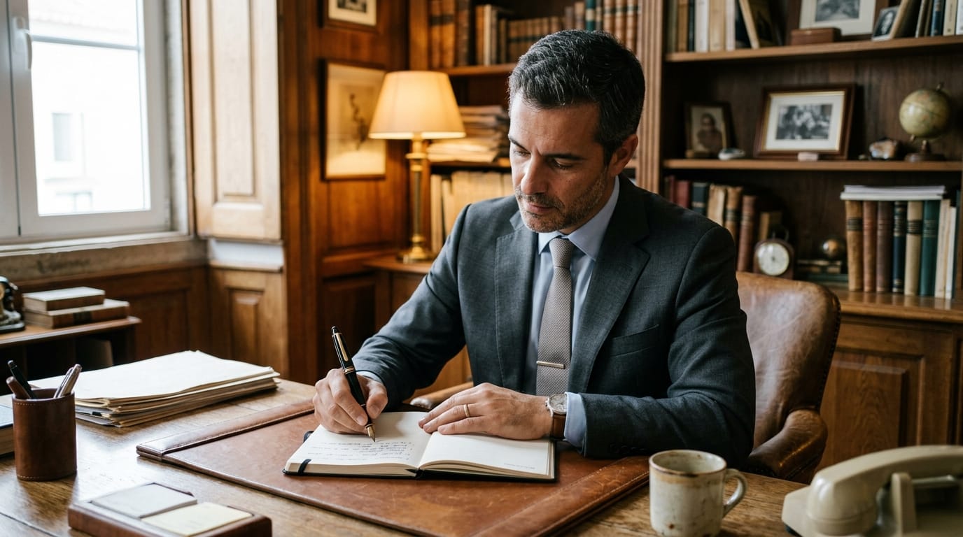 A imagem mostra um homem de meia-idade, com cabelos curtos e grisalhos, vestindo um terno cinza e gravata bege, sentado em uma mesa de madeira escura em um escritório de estilo clássico. Ele está focado, escrevendo com uma caneta-tinteiro preta em um caderno aberto à sua frente. Suas mãos estão posicionadas sobre o caderno, e ele usa um relógio de pulso prata. A mesa é organizada com um tapete de couro marrom, um porta-canetas de couro com várias canetas, uma caneca de cerâmica bege e um telefone vintage branco. Ao fundo, uma estante de madeira do chão ao teto, repleta de livros antigos, porta-retratos e um globo terrestre, é iluminada por uma luminária de mesa clássica com cúpula bege. À esquerda, uma janela com moldura branca permite a entrada de luz natural, e uma cortina bege está parcialmente visível. A atmosfera é de tranquilidade e concentração.