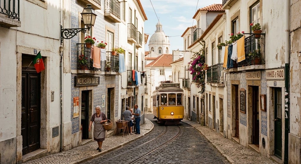 Foto do bonde amarelo de Lisboa subindo a ladeira. Foto vintage.