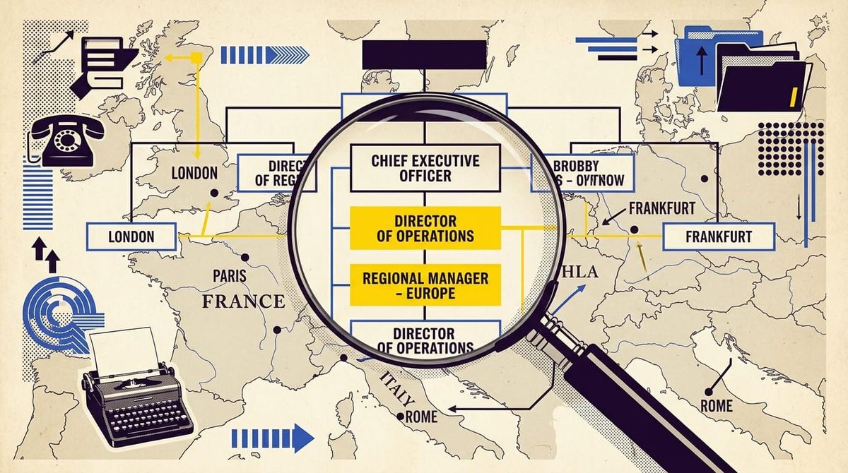 Ilustração vintage em estilo editorial de uma lupa sobre um mapa europeu e organograma corporativo em tons de azul e roxo.