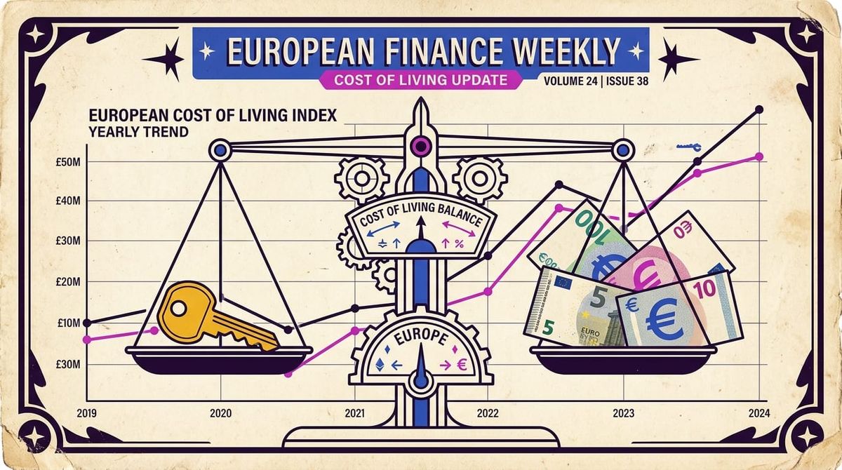 Ilustração vintage em estilo editorial com uma calculadora antiga, moedas em euro e chave de imóvel sobre um gráfico financeiro em tons de roxo, azul e creme.