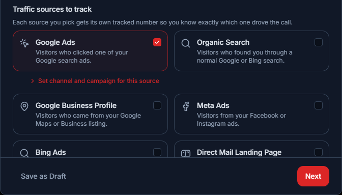 WindowEdge AI tracking-pool source picker with Google Ads, organic search, Google Business Profile, Meta Ads, Microsoft Advertising, and direct mail options.