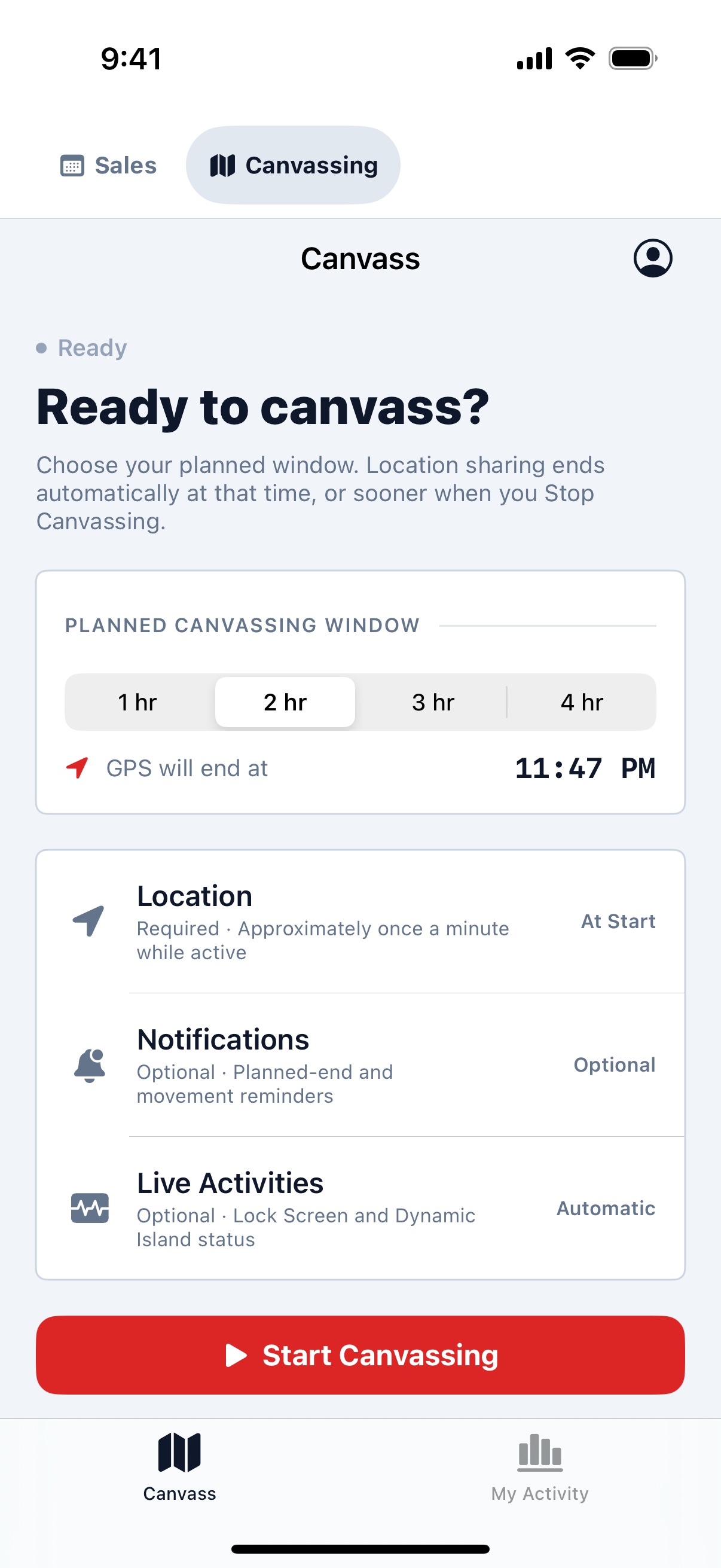 WindowEdge AI Canvassing Ready screen with a planned canvassing window, location sharing, notifications, Live Activities, and Start Canvassing controls.