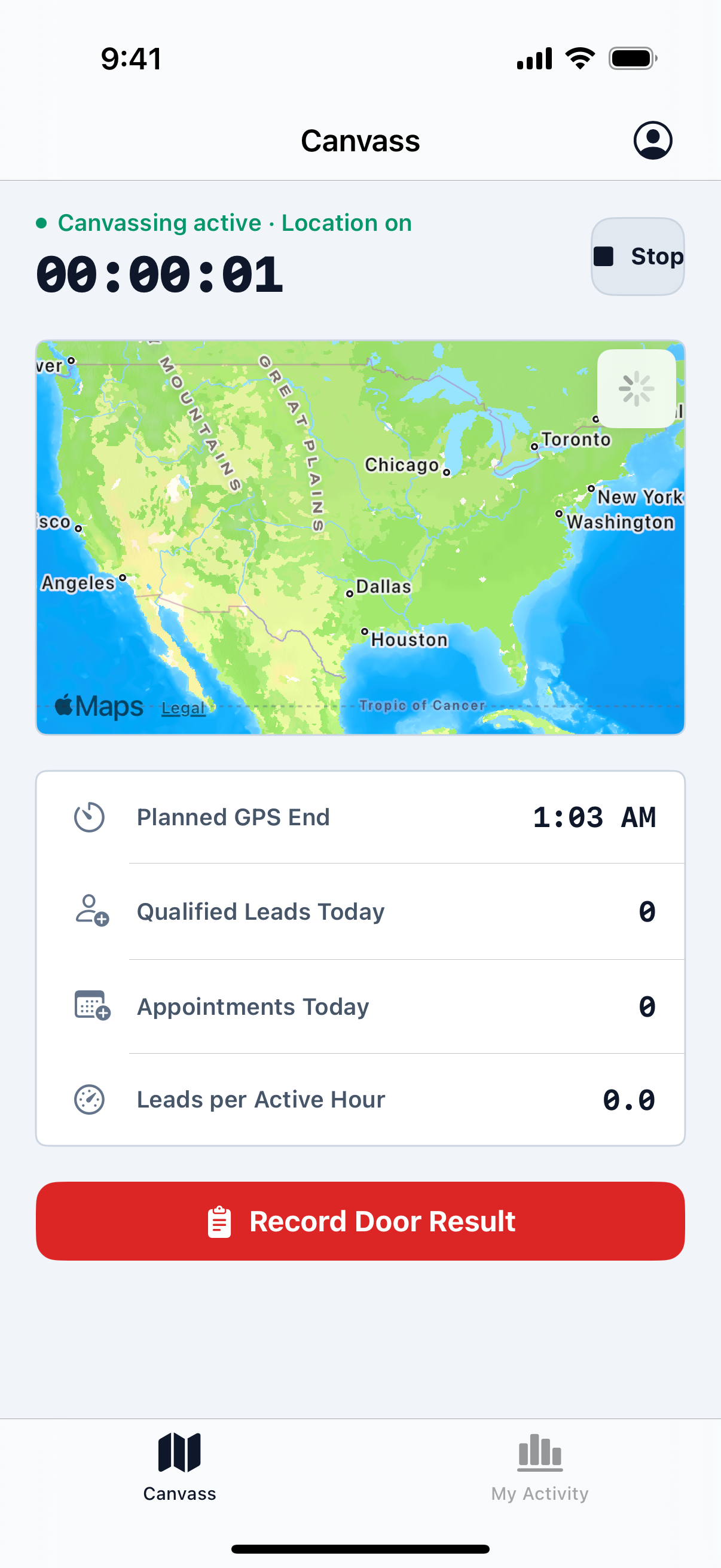 WindowEdge AI active Canvassing screen with a live map, planned GPS end, lead and appointment counters, and Record Door Result action.