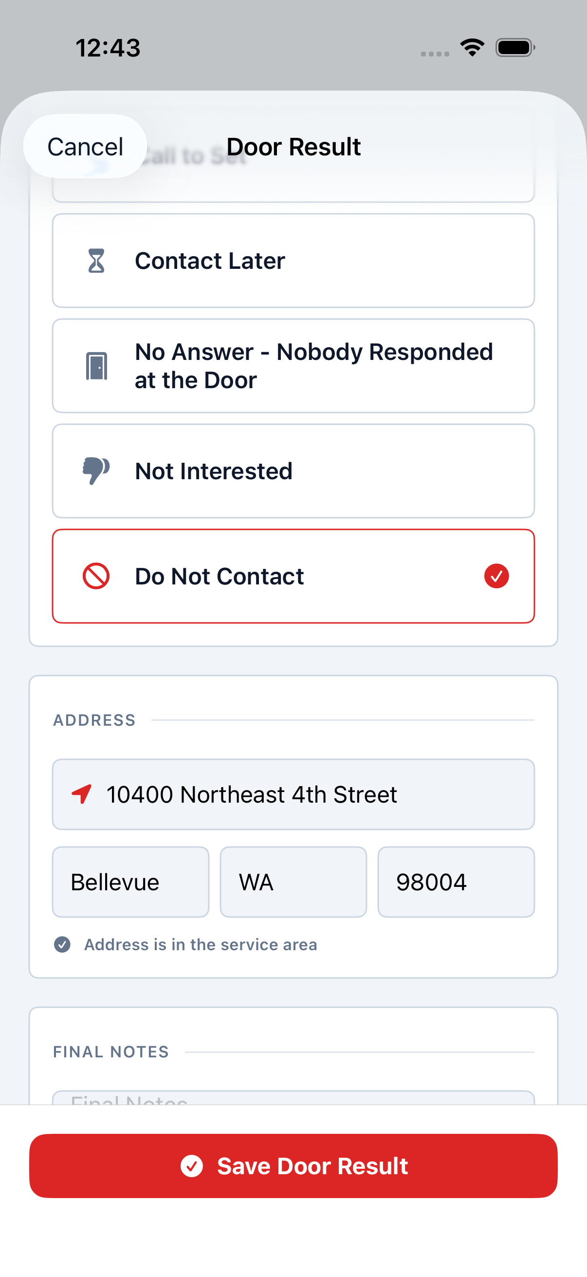 WindowEdge AI Door Result screen with configurable outcome selection, address context, final notes, and Save Door Result action.