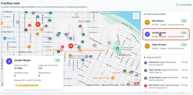 WindowEdge AI dealer monitoring view showing three active canvassers, color-coded door outcomes, live activity, and individual field performance on a neighborhood map.