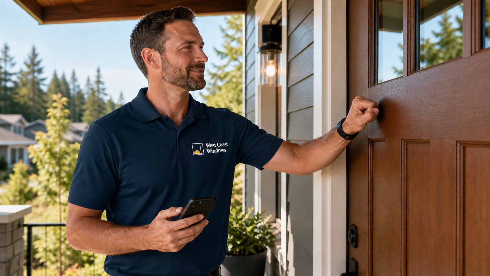 A West Coast Windows canvasser at a Pacific Northwest homeowner's front door with a phone ready to capture the next step.