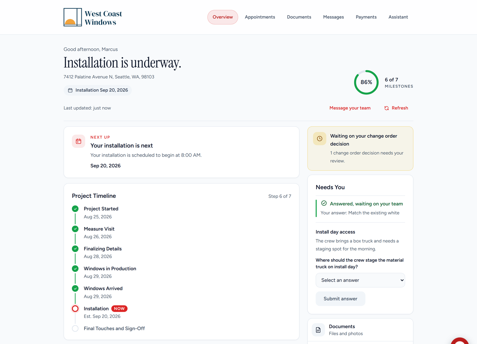 The homeowner portal overview page showing 86 percent complete, six of seven milestones, a dated project timeline and a Needs You panel, under the dealer’s own branding