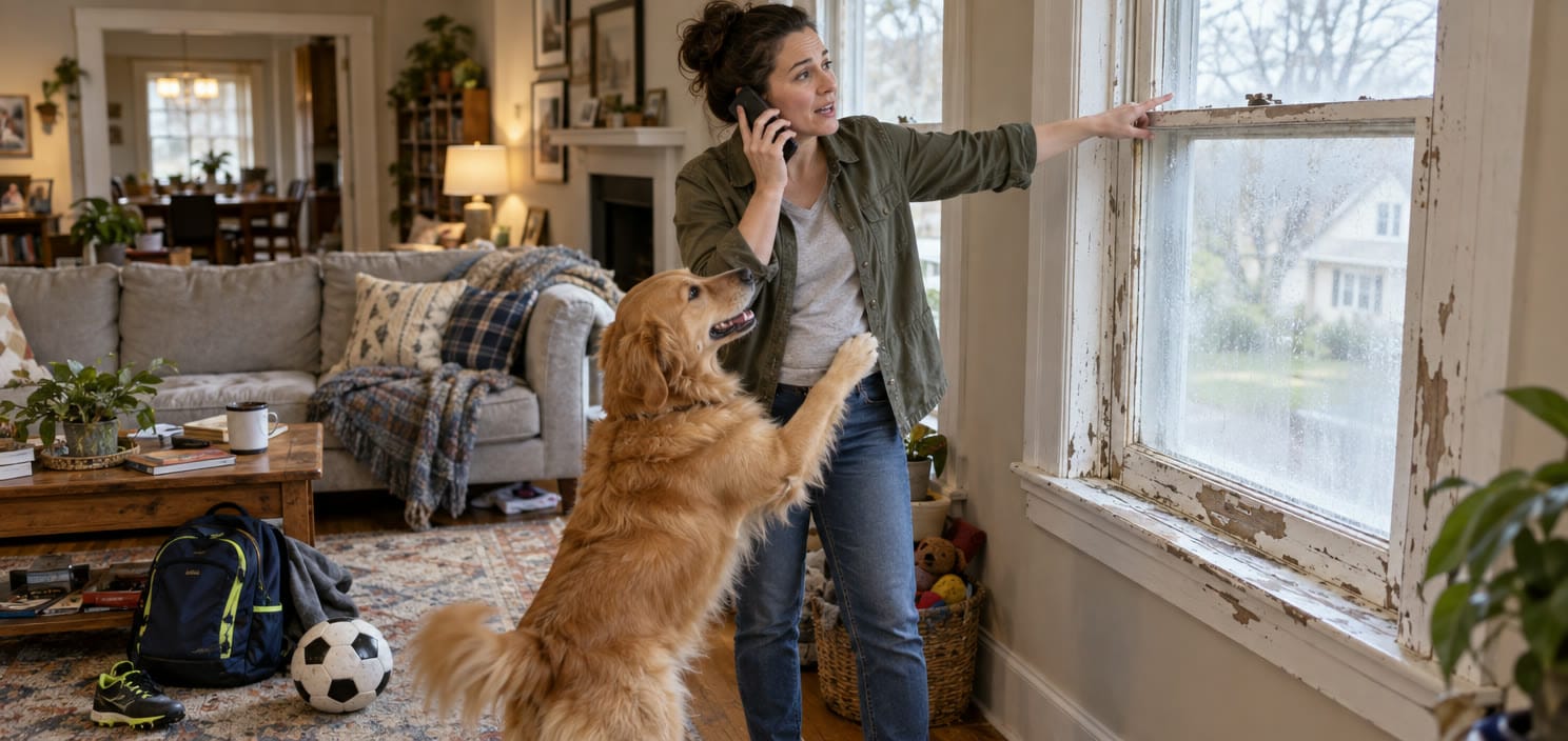 A homeowner on the phone points at an old foggy double-hung window while a golden retriever jumps up at them