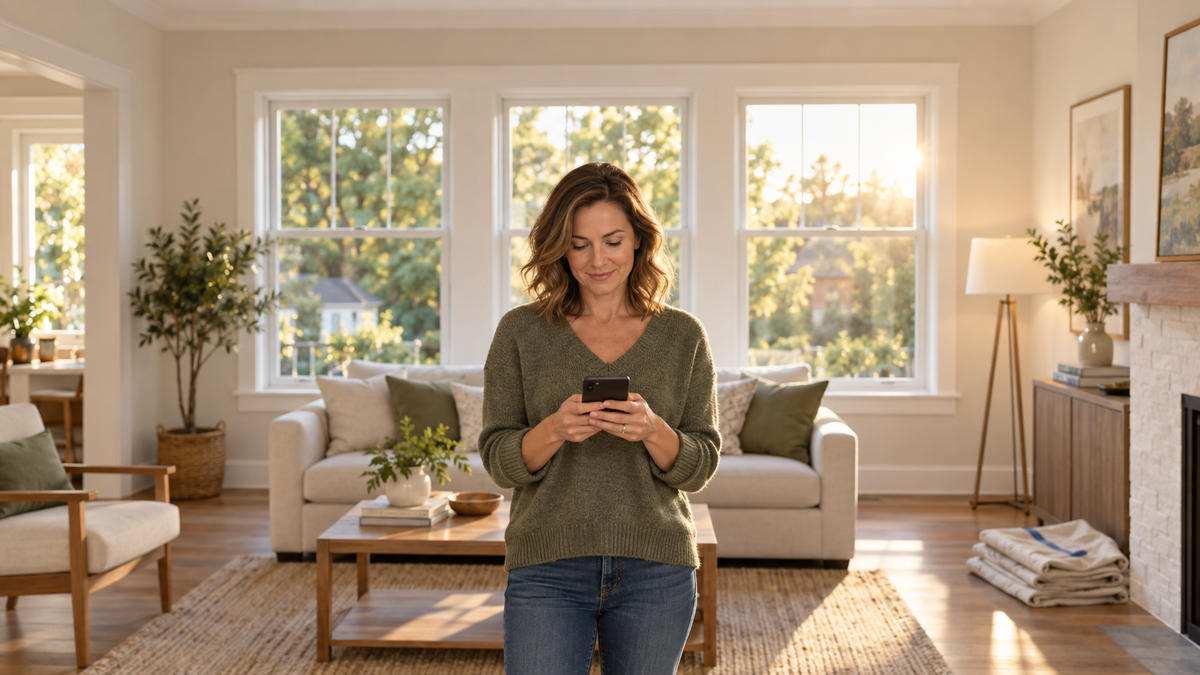 A homeowner checks her project portal on her phone in a living room with new windows