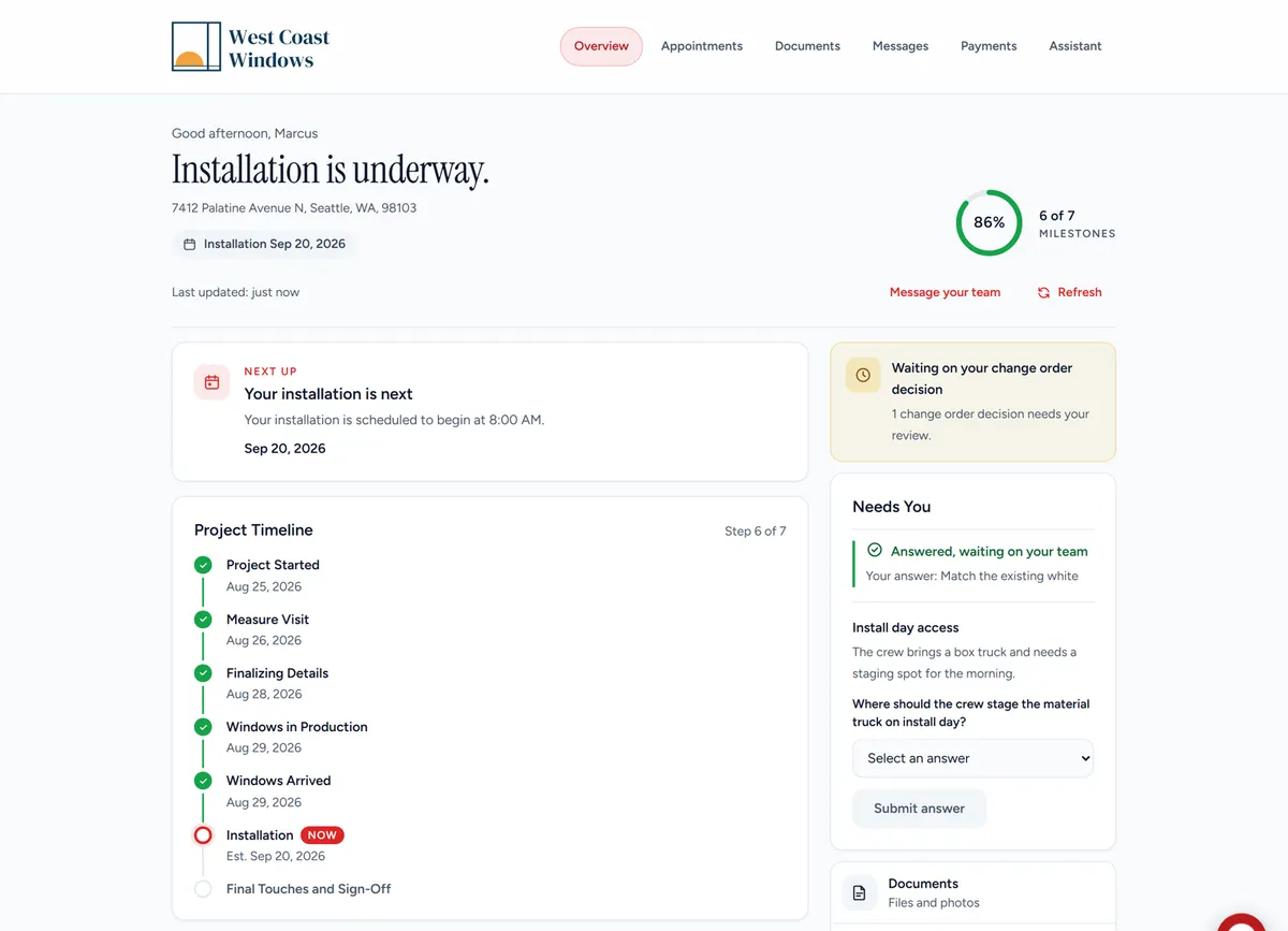 The homeowner portal overview page showing 86 percent complete, six of seven milestones, a dated project timeline and a Needs You panel, under the dealer’s own branding