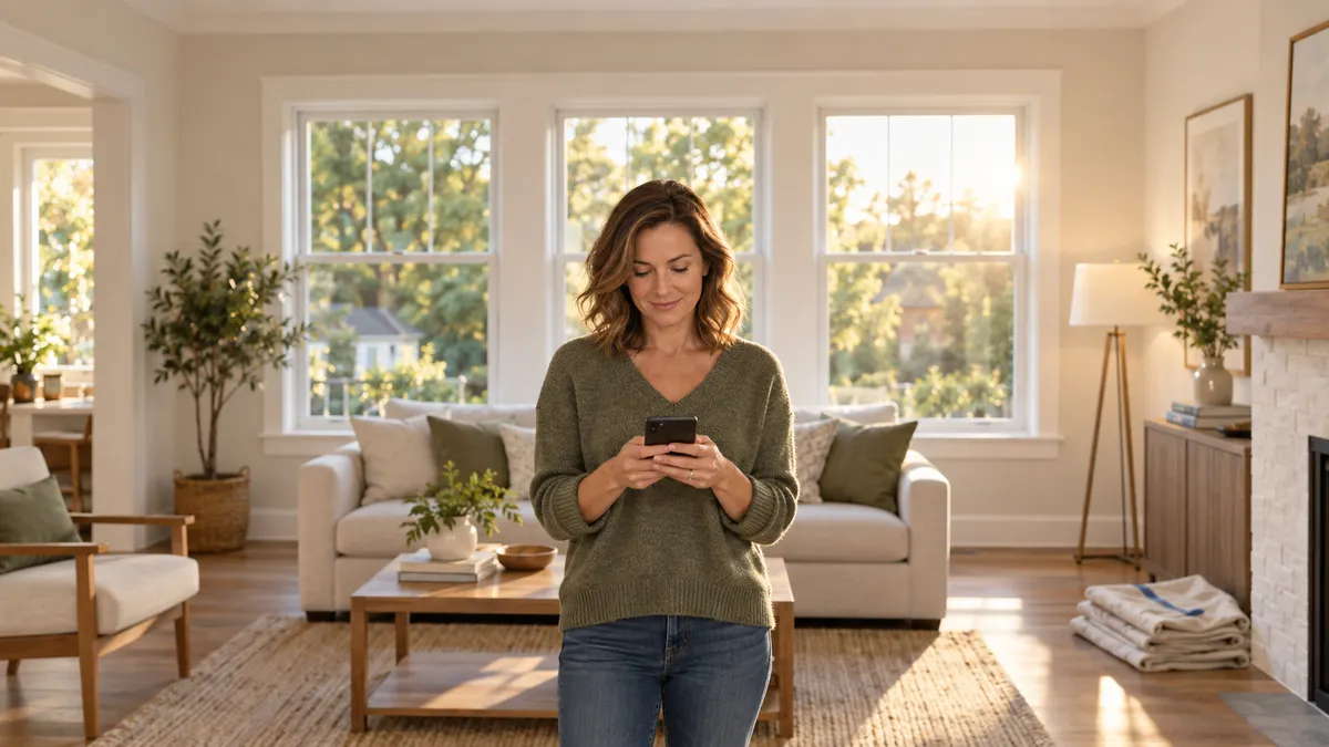 A homeowner checks her project portal on her phone in a living room with new windows