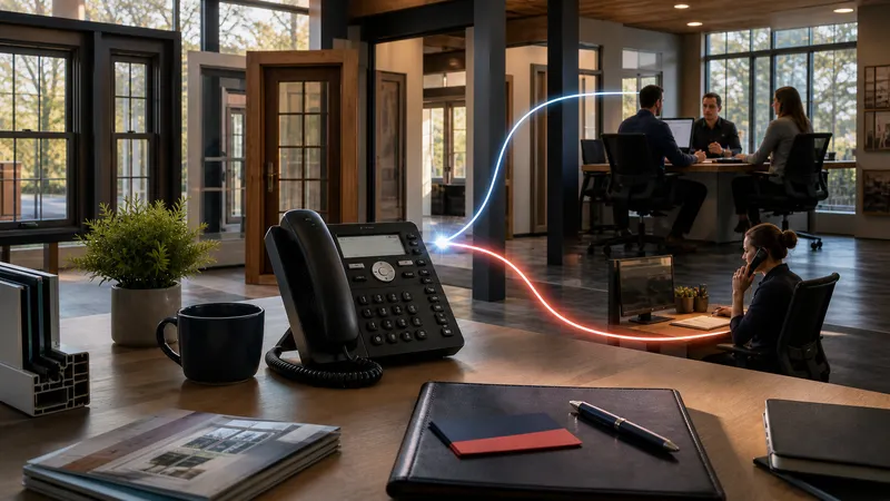 A window and door showroom phone routes one inbound call toward an office team or an AI coverage path.
