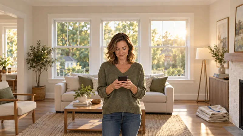 A homeowner checks her project portal on her phone in a living room with new windows