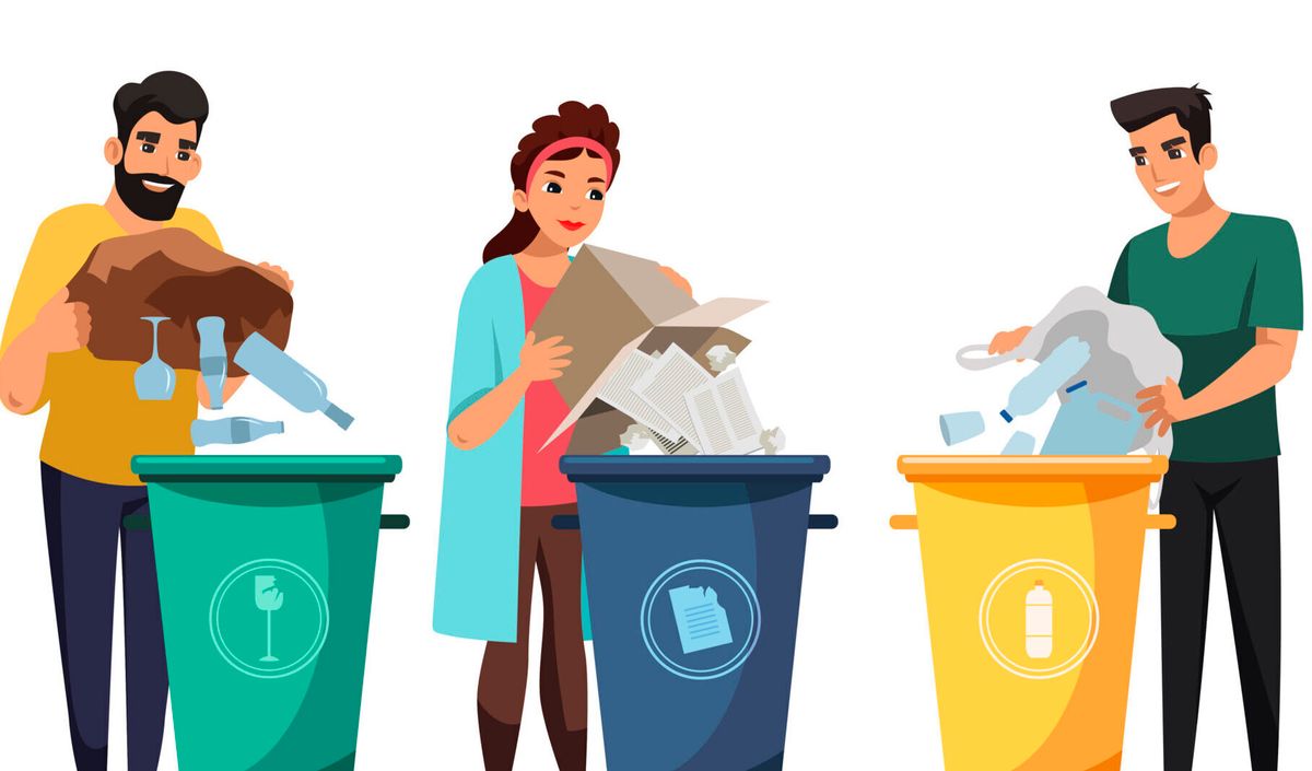 People engaged in garbage sorting set isolated on white background. Men, women put waste in correct tank, human concerned abo