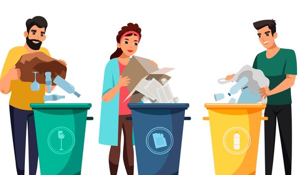 People engaged in garbage sorting set isolated on white background. Men, women put waste in correct tank, human concerned abo