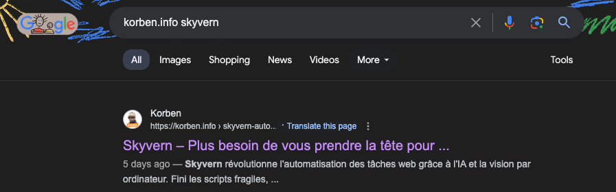 Google Search results showing korben.info featuring Skyvern