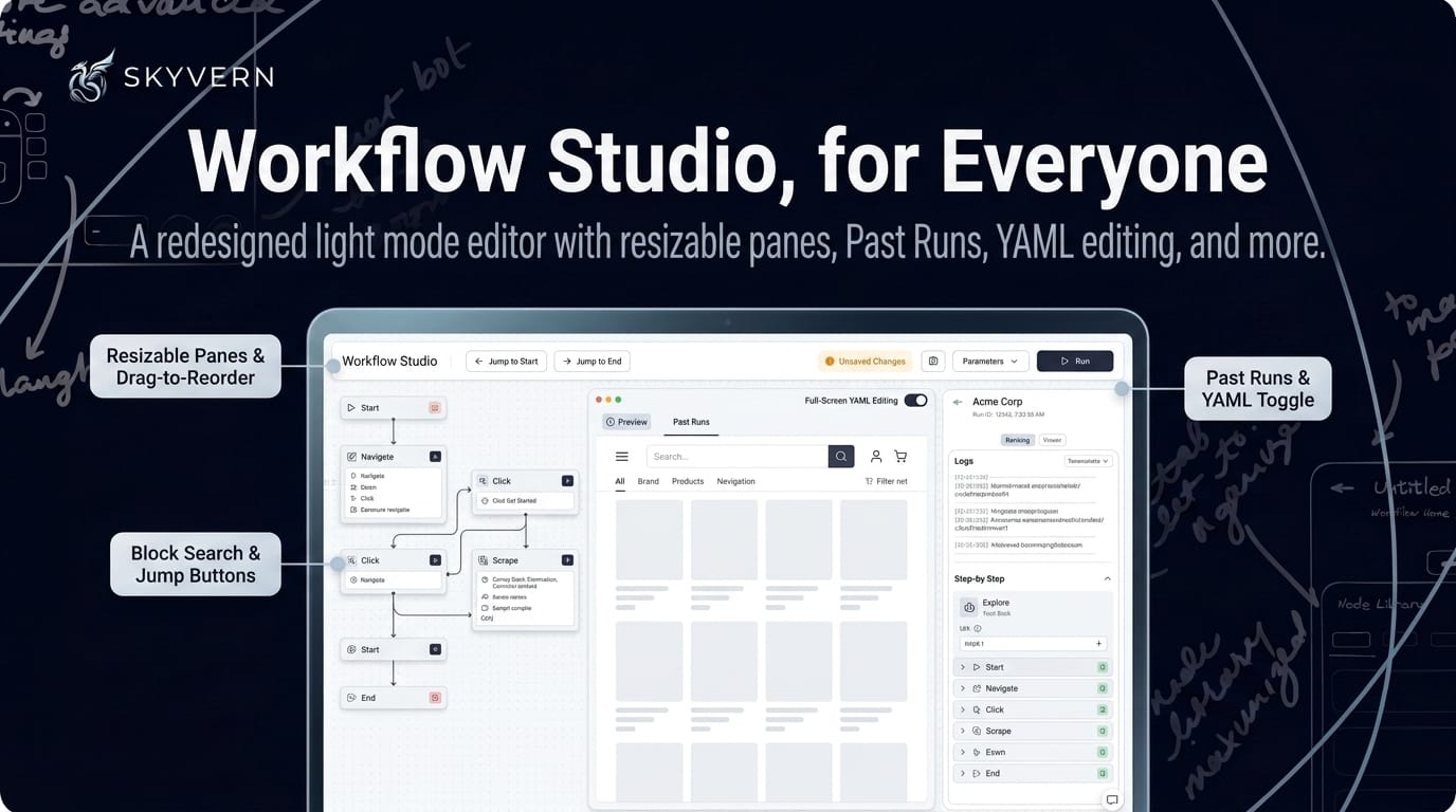 Workflow Studio for everyone — the redesigned Studio editor in light mode with resizable drag-to-reorder panes, a build canvas beside a run timeline, a Past Runs tab, a block search field with jump-to-start and jump-to-end buttons, a full-screen YAML editing toggle, and an unsaved-changes indicator in the header
