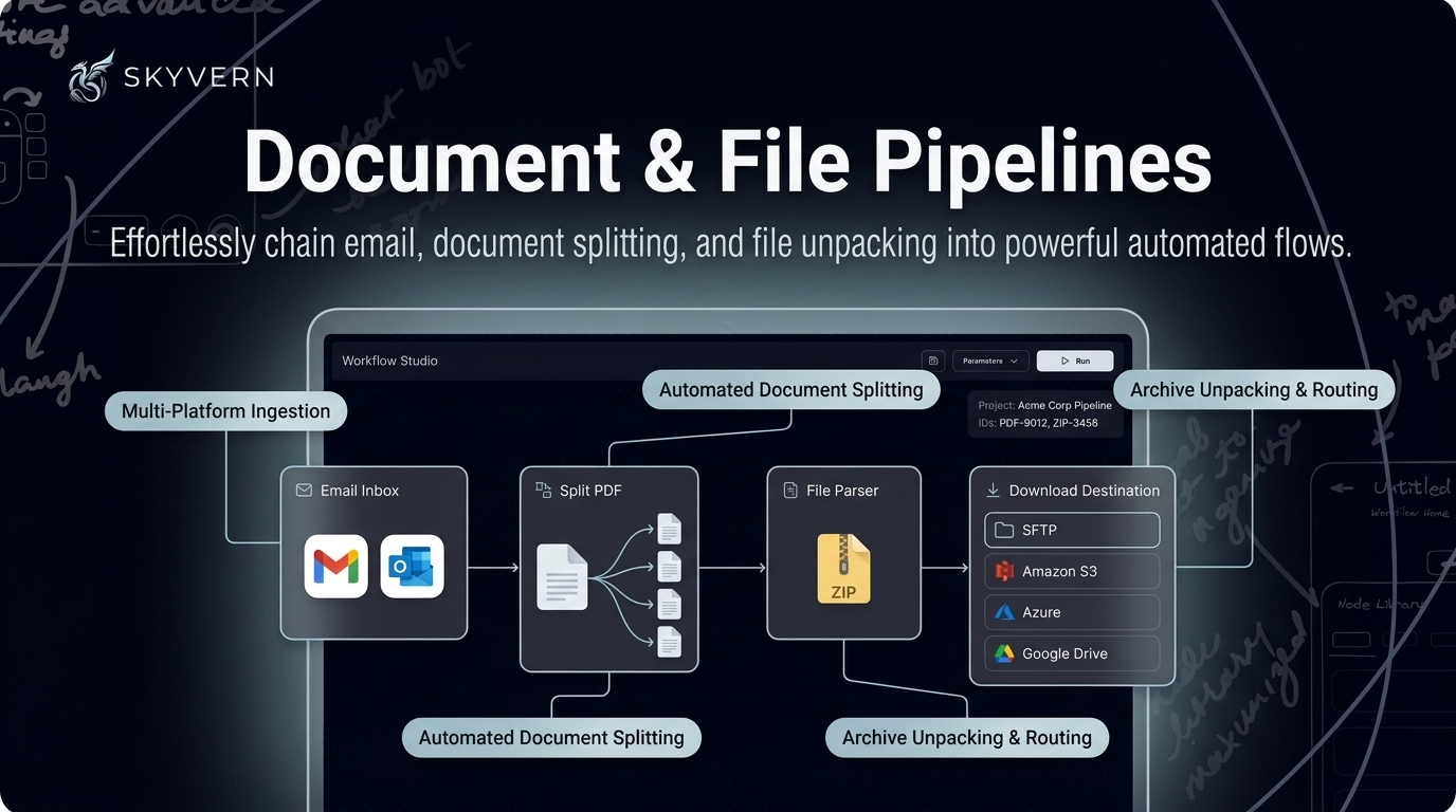 Document and file pipelines — a workflow canvas chaining an Email Inbox block for Gmail and Outlook, a Split PDF block fanning one document into several files, and a File Parser block unpacking a ZIP archive, flowing into a download destination picker listing SFTP, Amazon S3, Azure, and Google Drive