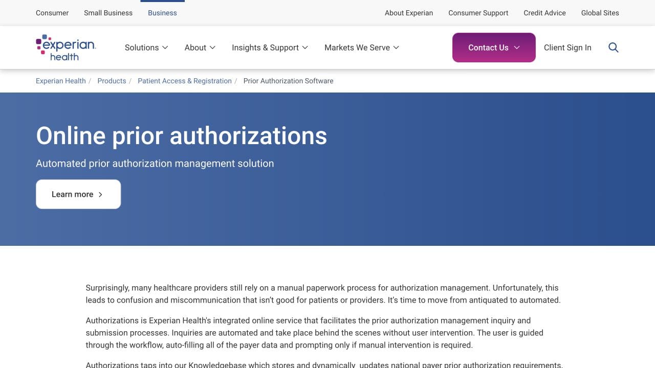 Experian Health prior authorization product page