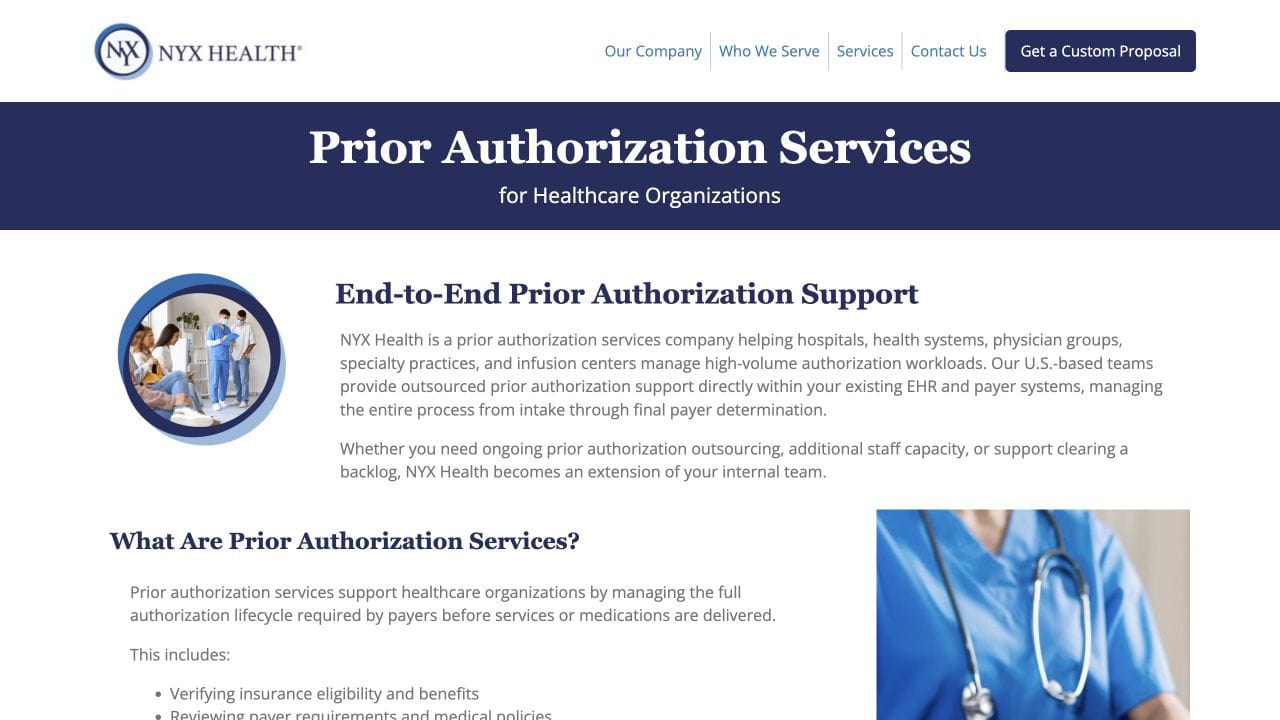 NYX Health prior authorization services page