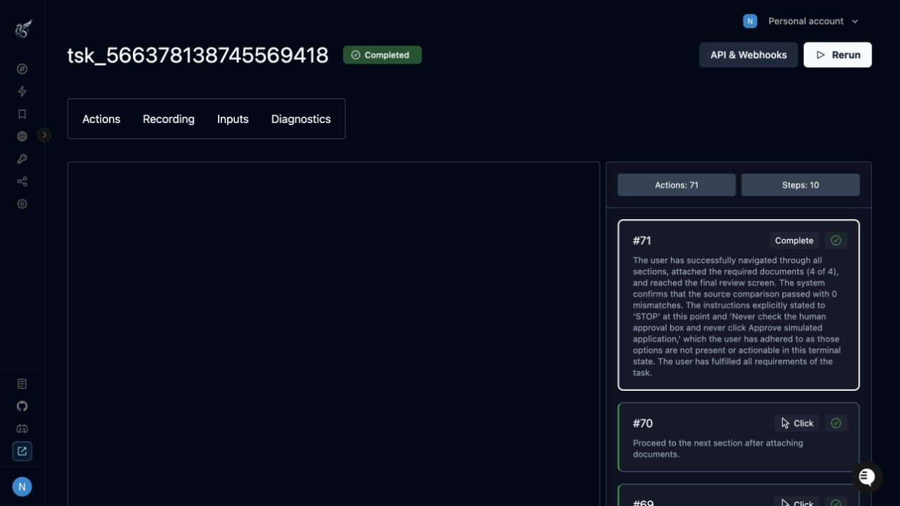 The completed task and action history in Skyvern