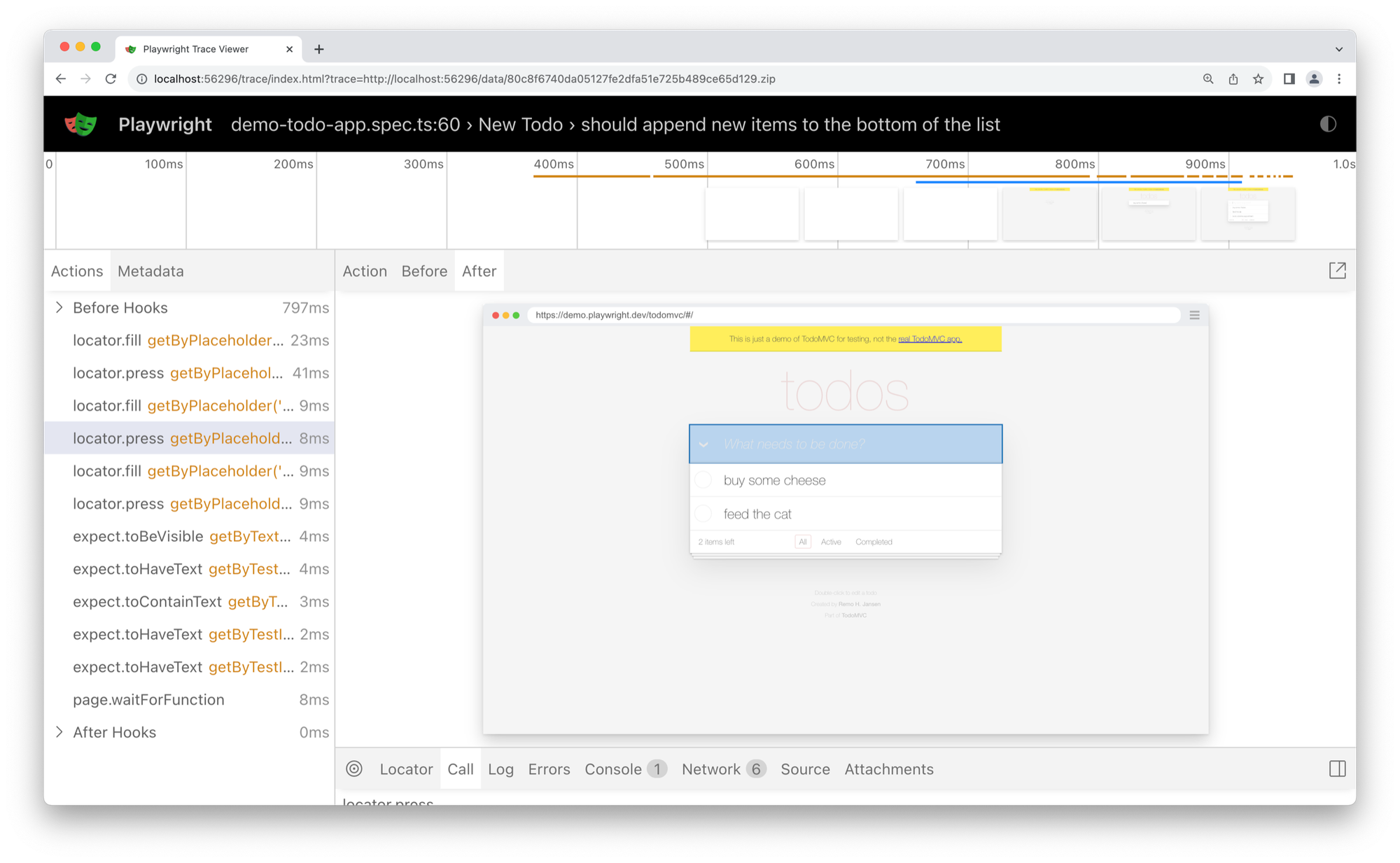Playwright Trace Viewer showing the action timeline, locator commands, page snapshot, and debugging panels