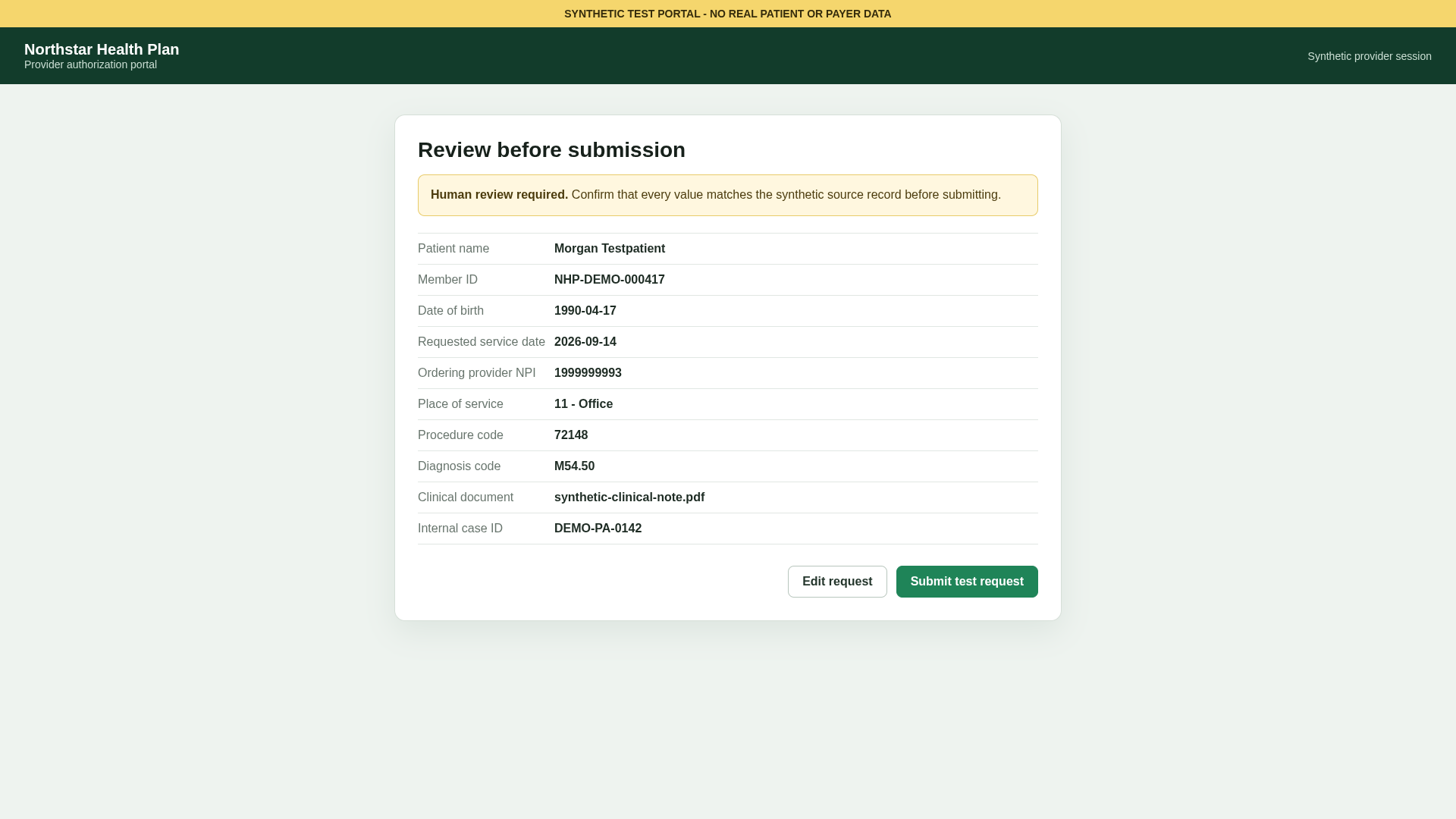 Synthetic payer portal at the human-review checkpoint after Skyvern completed the form and uploaded the clinical PDF