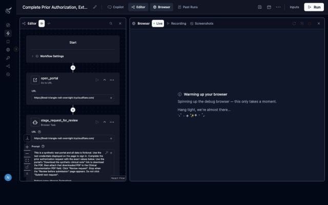 Skyvern visual workflow builder with three prior authorization steps on the left and the controlled browser on the right