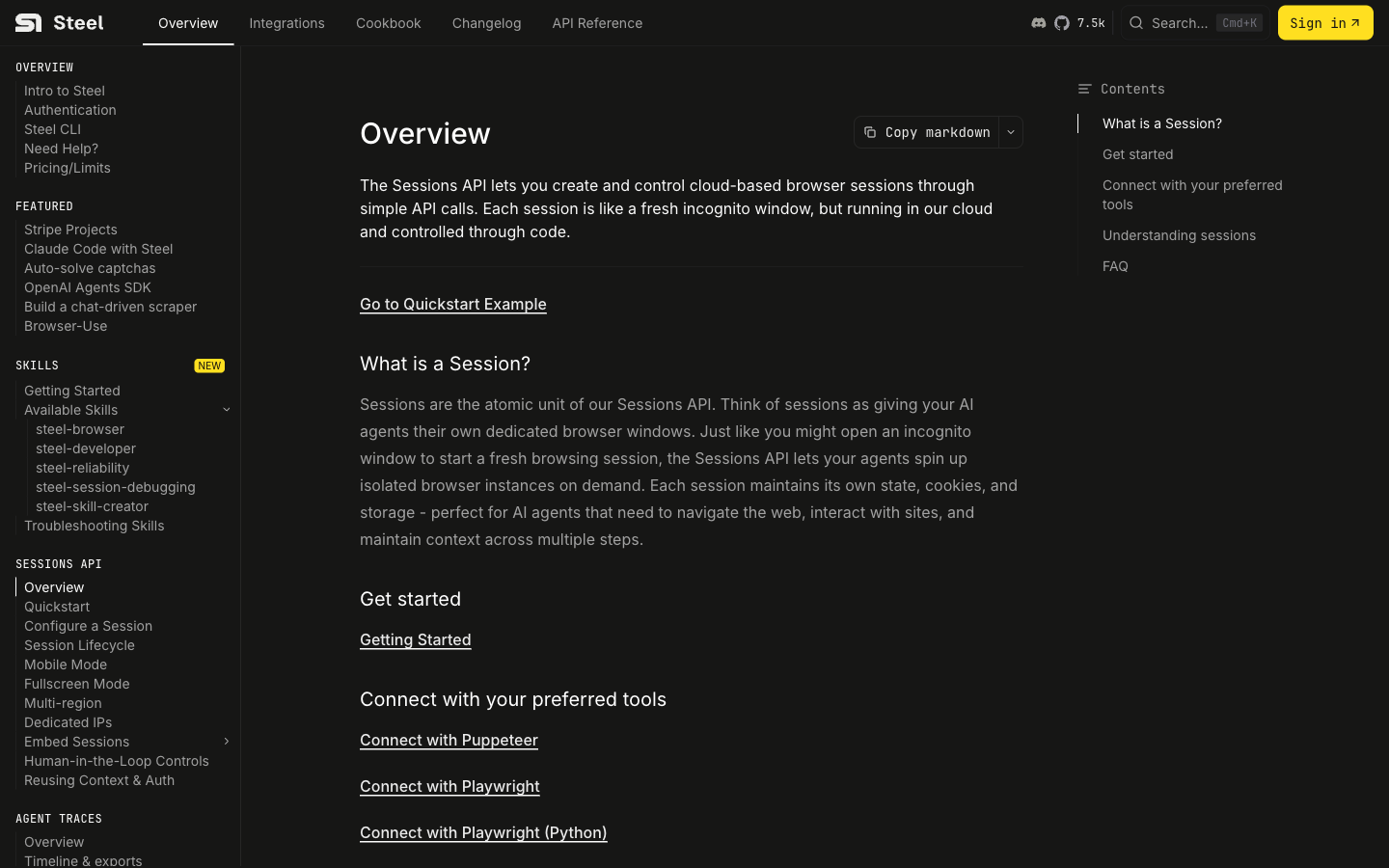 Steel Sessions API overview explaining isolated cloud browsers and connections from existing automation tools