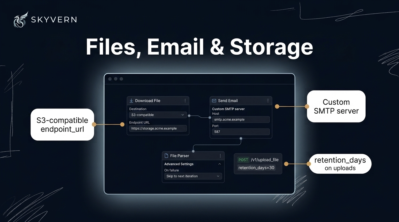 Files, email and storage — a workflow canvas with a Download File block whose destination is S3-compatible with an Endpoint URL field, a Send Email block with a Custom SMTP server section showing host and port, a File Parser block with an on-failure option set to skip to the next iteration, and an API request card showing POST /v1/upload_file with a retention_days form field