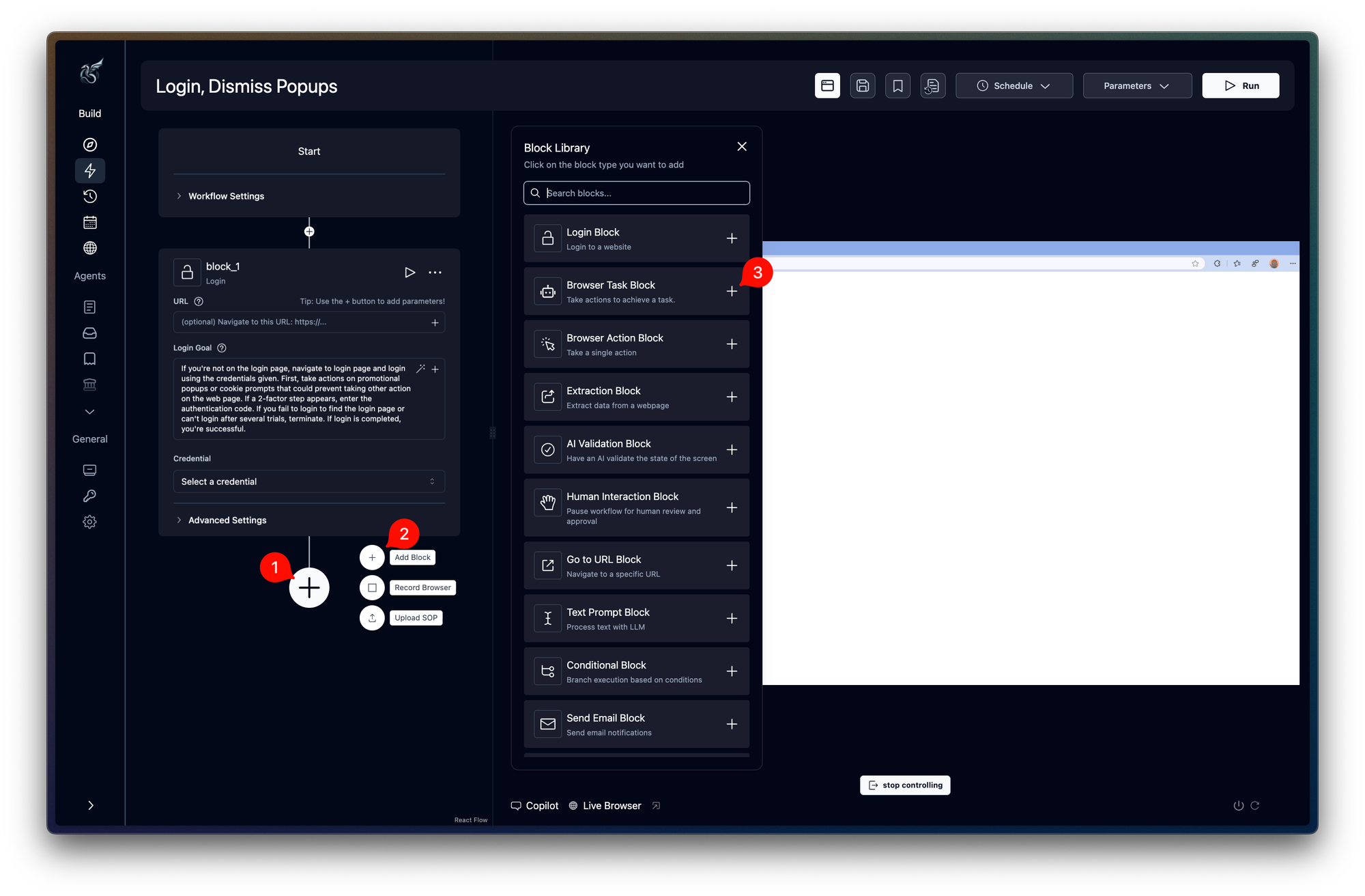 Skyvern visual editor block library showing browser tasks, extraction and conditional blocks