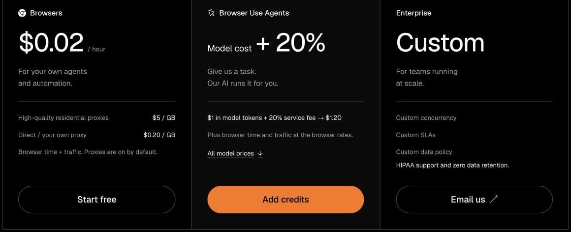 Browser Use pricing cards separating browser time and traffic from hosted agent charges