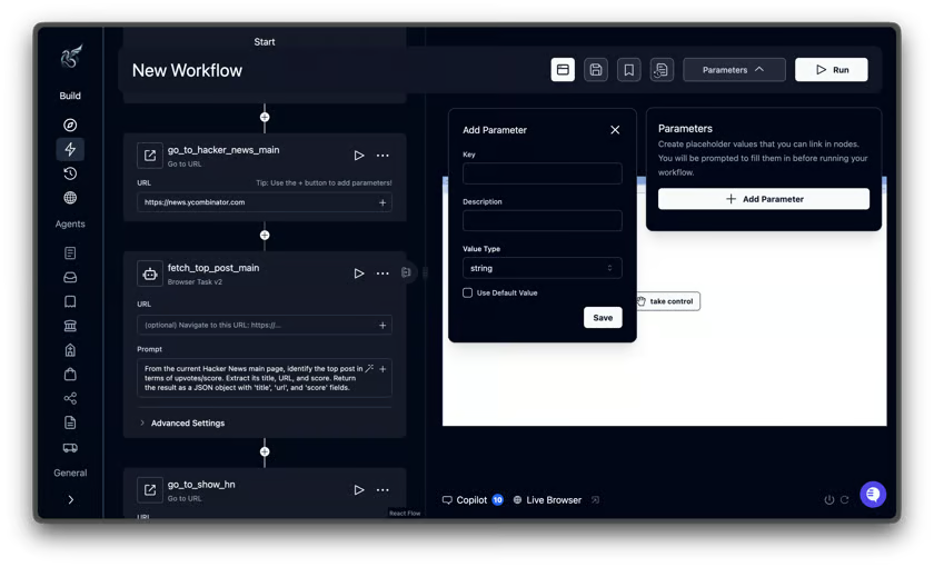 Skyvern agent editor with the Parameters panel and Add Parameter dialog showing Key, Description, and Value Type fields.