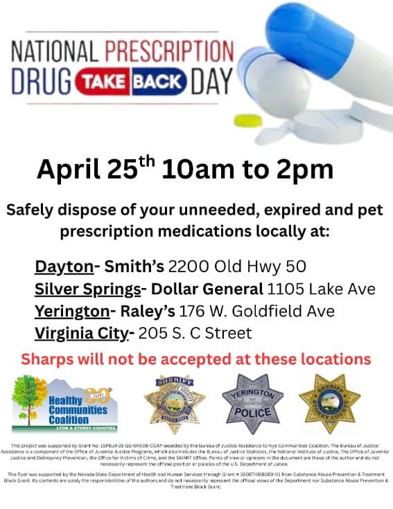 Prescription Drug Take Back April 25 in Dayton, Silver Springs, Virginia City, Yerington