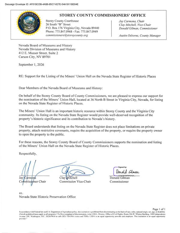 Storey County Commissioners Support Miners’ Union Hall State Register Nomination