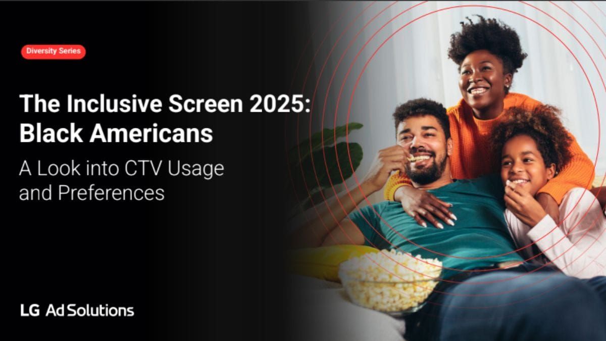 A dad, mom and daughter watching TV on their couch with popcorn. The lettering says The Inclusive Screen 2025.