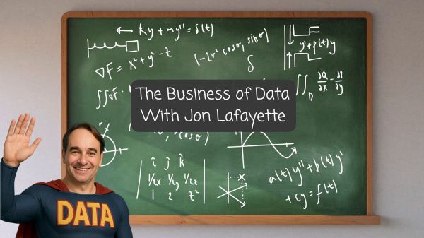 A digitally created image of Jon Lafayette wearing a super hero costume with the word data on it. He is waving in front of a chalkboard with formulas.