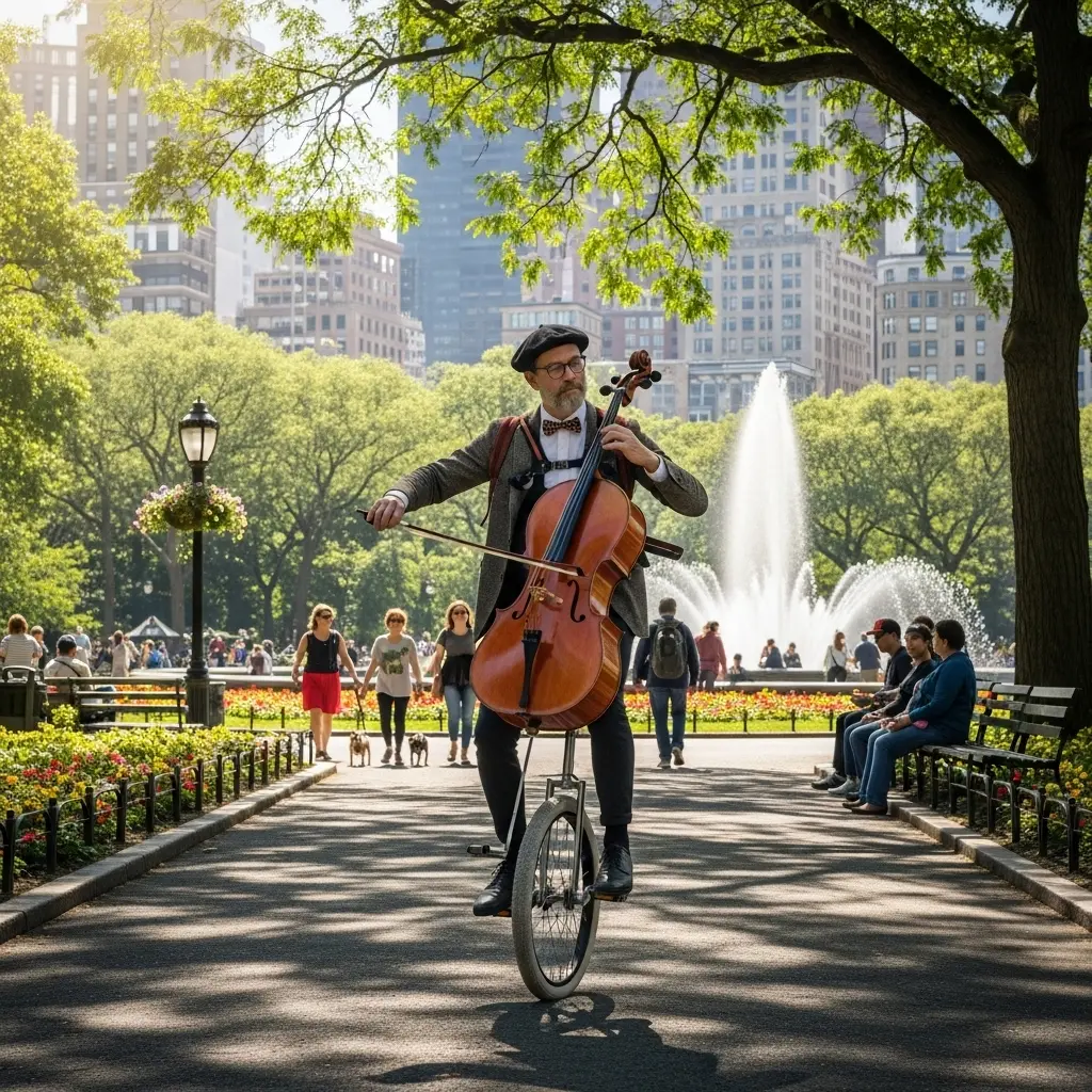 A cello player on a unicycle demonstrating the importance of both stability and mobility 
